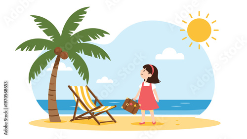 Young girl with suitcase stands on a beautiful tropical beach next to a green palm tree and deck chair under a bright shining sun.
