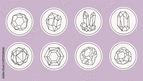 Minimalist line art illustrations of various crystals and minerals presented as circular stickers on a purple background.