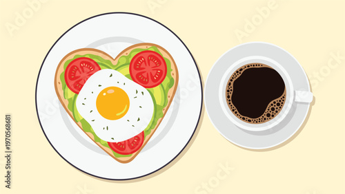 Healthy breakfast scene with heart-shaped avocado toast topped with tomato and fried egg beside a cup of black coffee.
