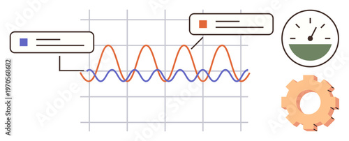 Data visualization, performance tracking, analytics, system optimization, efficiency monitoring, technology solutions. Graph with two labeled waves, gauge meter and gear icon. Data visualization