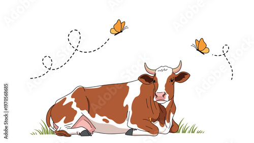 Calm brown and white spotted cow resting in a patch of green grass while two orange butterflies flutter nearby.