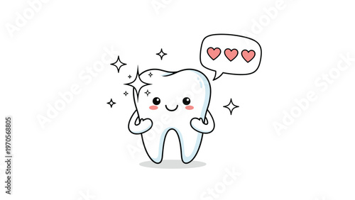 Adorable anthropomorphic tooth character with a happy smile surrounded by sparkles and a love-filled speech bubble.