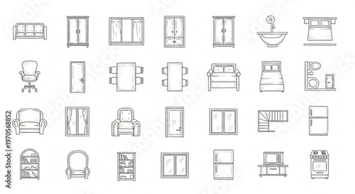 Furniture Floor Plan Elements Vector Thin Line Icons Interior Layout Design Collection Set