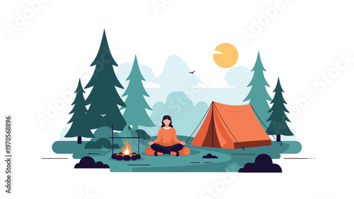 Serene outdoor scene of a person meditating peacefully by a campfire next to an orange tent in a pine forest at sunset.