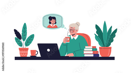 Senior woman sitting at a desk with a laptop and enjoying a cup of coffee while having a video call with a younger woman.