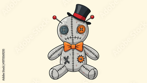 Spooky but cute cartoon voodoo doll with button eyes a top hat and an orange bow tie against a plain light background.