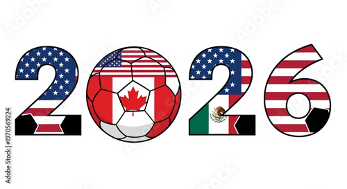 Vibrant illustration of a soccer ball within 2026 numbers representing USA, Canada, and Mexico flags.
