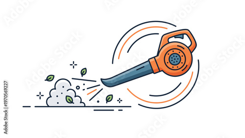 Stylized flat illustration of an orange leaf blower moving a pile of dust and leaves with circular motion lines around it.