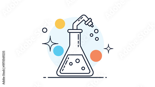 Graphic illustration of a laboratory flask with bubbling liquid and stars on a white background with colorful circles.