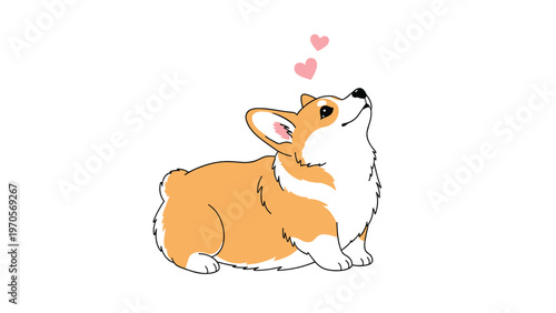 Cute cartoon corgi dog sitting and looking up at small pink floating hearts on a plain white background.