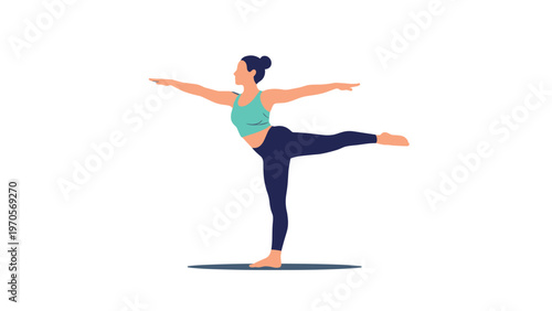 Minimalist silhouette of a woman practicing a balanced yoga pose on one leg against a clean white background.