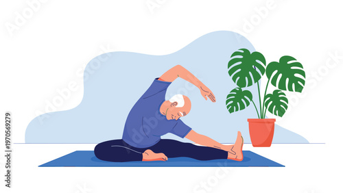 Healthy senior man doing a seated yoga stretch on a blue mat in a room with a large monstera plant in a pot.