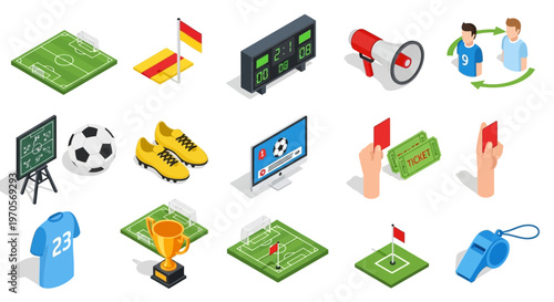 The football stadium hosts a tournament with various sports equipment and icons.