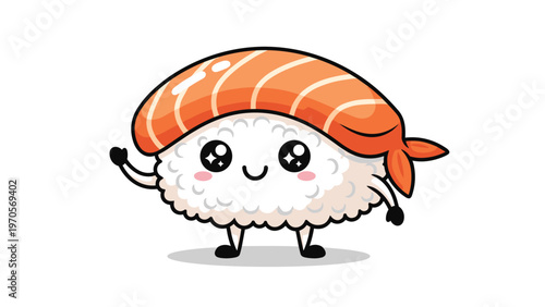 Happy cartoon sushi piece character with big eyes and a friendly smile waving its hand on a white background.