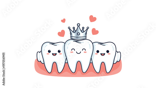 Three cute happy cartoon teeth characters standing together with one wearing a silver crown and surrounded by hearts.