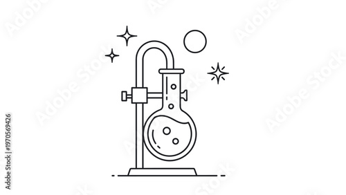 Line art icon of a chemical laboratory flask held by a metal clamp stand with bubbles and stars in background.