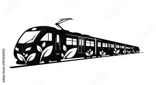 A sleek, modern train adorned with green leaves and floral motifs travels along the tracks, representing eco-friendly transportation.