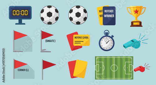 Football players compete in a stadium with a soccer ball and trophy nearby