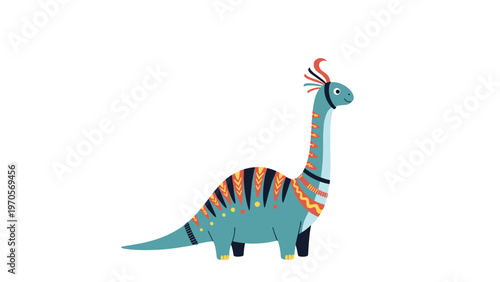 Large stylized turquoise dinosaur character decorated with colorful patterns and a feathered crest on white background.