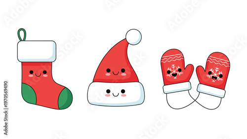 Set of adorable cartoon Christmas items with happy faces including a stocking a Santa hat and a pair of mittens.