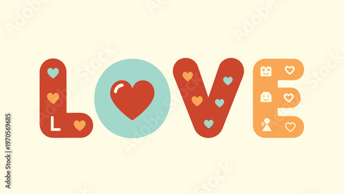 Stylized word love written in bold orange and red letters decorated with colorful hearts and cute smiley faces on a light yellow background.
