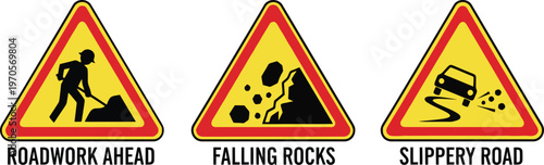 Graphic set of road warning signs: roadwork, falling rocks, slippery conditions. Essential driver safety alert.