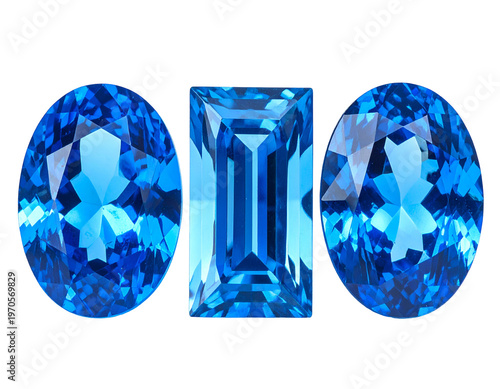 Three vibrant blue faceted gems, oval and rectangular