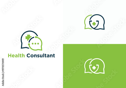 Health Consultant Logo Design with Chat Bubble and Stethoscope.