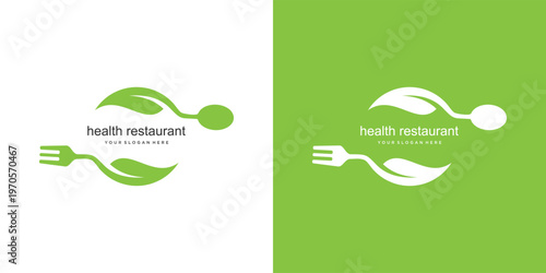 Health restaurant logo design with fork spoon and leaves.