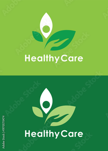 Healthy Care Logo Design with Green Leaves and Hand.
