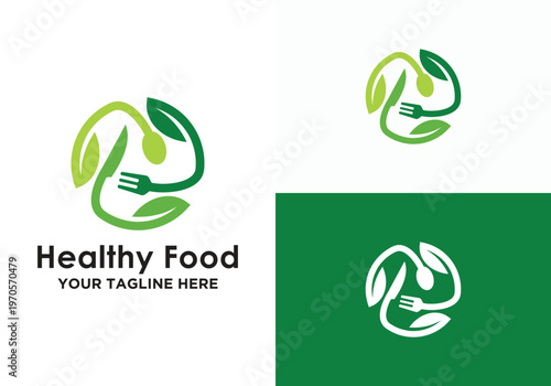 Healthy Food Logo Design with Fork and Leaf Elements.