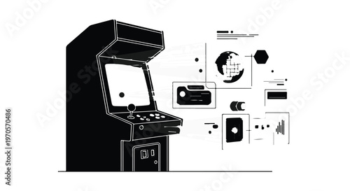 A vintage arcade game machine is depicted with a white background and various informational graphics.