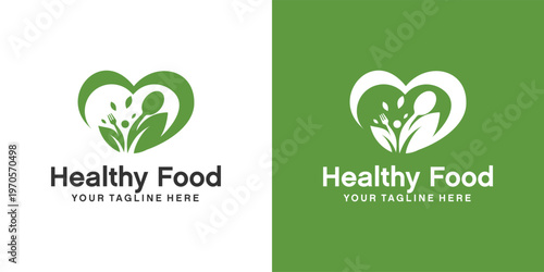 Healthy Food Logo Design with Heart and Leaf Elements.