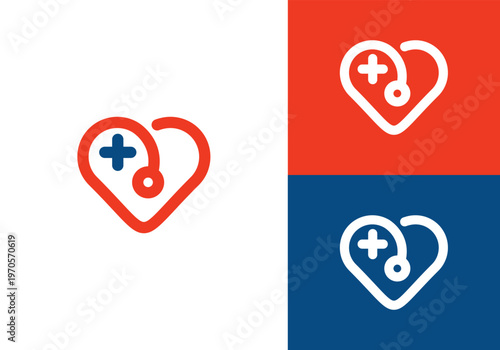 Medical Heart Logo Healthcare Symbol with Stethoscope and Cross.