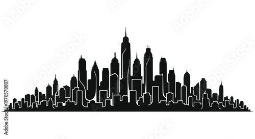 A stark black silhouette of a sprawling city skyline with numerous skyscrapers and varied building heights against a white background.
