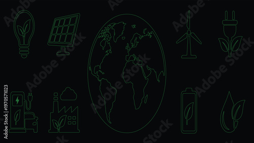 Set of 9 eco green energy outline icons featuring solar panel, wind turbine, electric car charging station, and sustainable power symbols on black background.