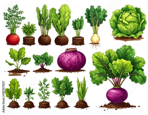 A colorful illustration of various leafy vegetables and roots