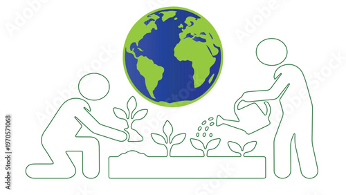 Two people planting and watering young sprouts in a garden with earth globe icon, environmental conservation and sustainability concept line art illustration.