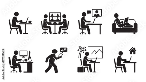 Remote Work and Digital Nomad Icon Set, Solid Style Stick Figures Working from Home, Office, and Vacation.