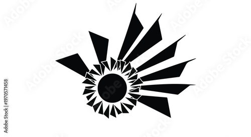 Radial geometric pattern emanates from a central circle, resembling a stylized sunburst or explosion.