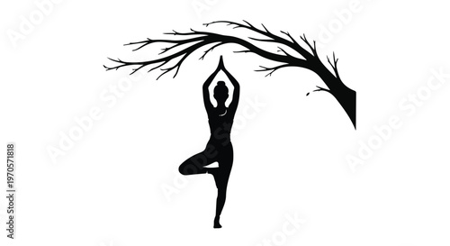 Silhouette of a person performing a tree pose of yoga under a stylized tree branch.
