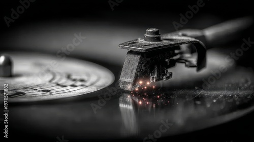 Dramatic black and white closeup of a record player stylus gliding over a spinning vinyl disc with glowing dust sparks, evoking nostalgia and rich analog music vibes for creative projects.