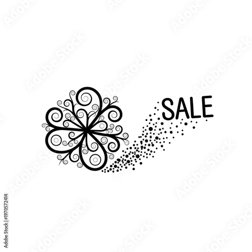 Black sale sign with swirling flower.
