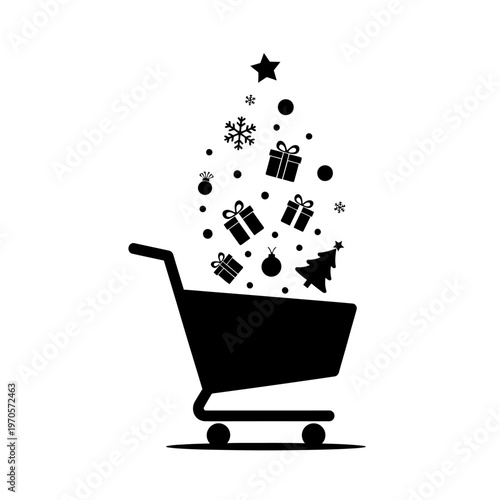 Black shopping cart with Christmas gifts.