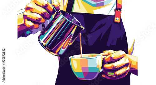 Pop art illustration of barista pouring milk inti coffe cup WPAP style