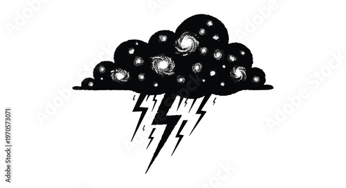 A stylized cloud filled with swirling galaxies emits lightning bolts, representing cosmic power and a storm.