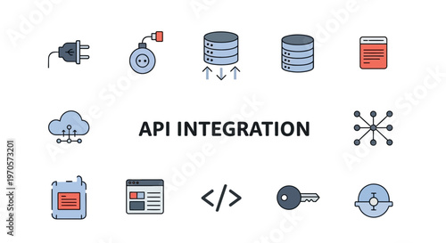 Flat Vector API Integration Icon Set, Developer Tools and Web Service Symbols, Software Development, Cloud, Database, Data Flow, Modern UI Kit Illustration