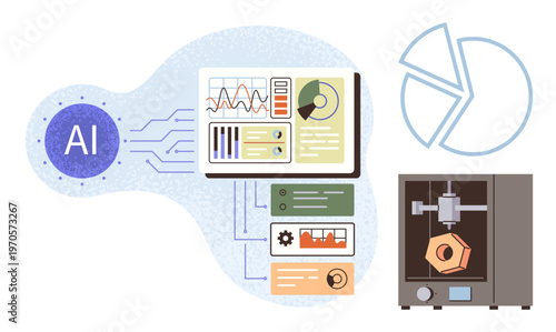Artificial intelligence, data visualization, manufacturing, automation, technology, innovation. Visual displays of AI integration with data charts and a 3D printer. Artificial intelligence and data