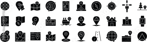 Map, GPS and Navigation solid Icons set – Location, Compass, Direction, Pin, Travel, and Route solid icon pack