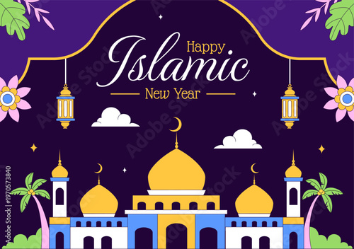 Islamic New Year Vector Illustration With Mosque, Crescent, Lantern, and Muharram Celebration Night Scene, Religious Holiday Design